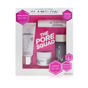Glamglow The Pore Squad Set: 1x Supercleanse Clearing Cream-To-Foam Cleanser - 30g + 1x Superserum 6-Acid Refining Treatment - 10ml + 1x Supermud Clearing Treatment - 15g +  1x Supertoner Exfoliating Acid Solution - 30ml