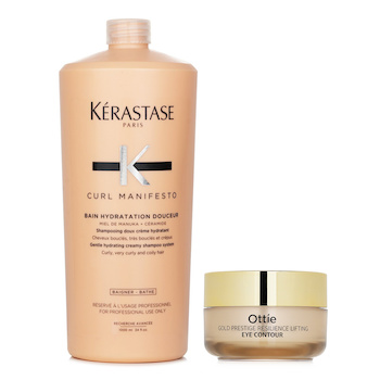 Kerastase ケラスターゼ - カール マニフェスト ベイン ヒドラタシオン ドゥスール シャンプー 1000ml X オッティー - ゴールド プレステージ レジリアンス リフティング アイ コントゥール 30ml (Kerastase Curl Manifesto Bain Hydratation Douceur Shampoo Gentle Creamy Shampoo - For Curly, Very Curly & Coily Hair (Salon Size) 1000ml X Ottie Gold Prestige Resilience Lifting Eye Contour 30ml)